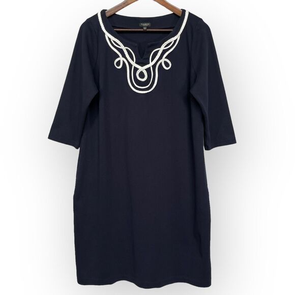 Talbots Shift Dress Women Size 1XP Blue Knot V Neck 100% Cotton 3/4‎ Sleeve - Picture 1 of 11